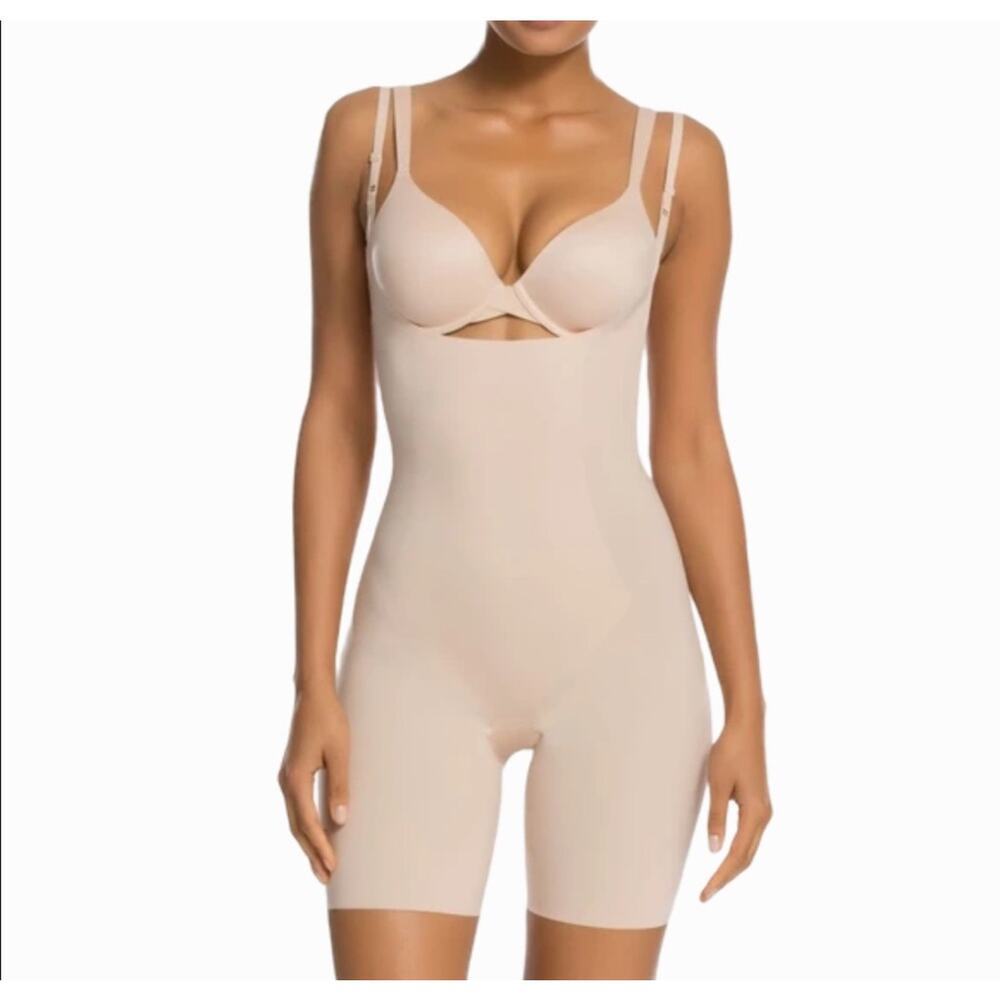 NEW SPANX Thinstincts Open Bust MidThigh Beige Shaper Bodysuit size XL